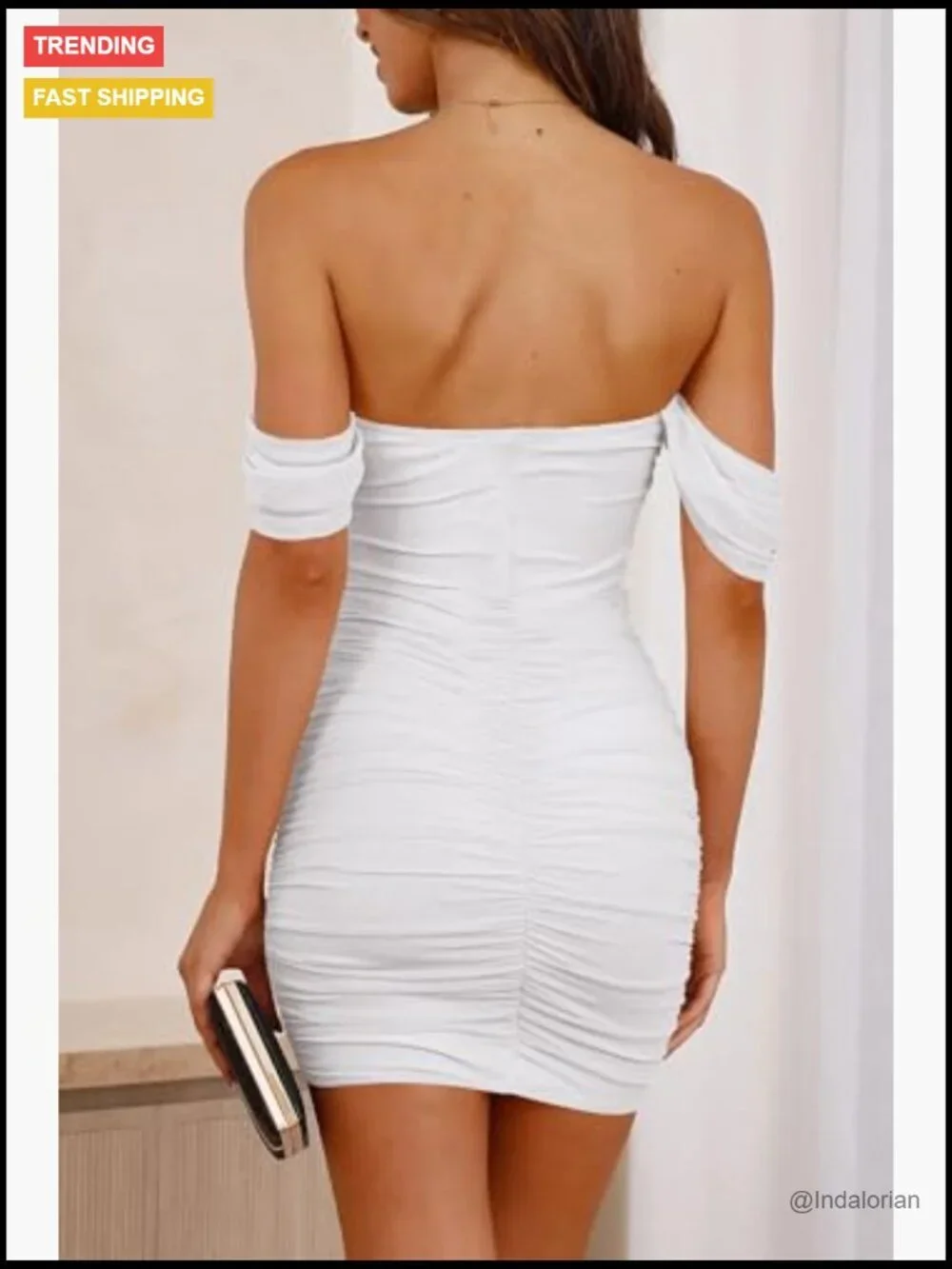 Off Shoulder Bodycon Mini Dress, Ruched Backless Design, Polyamide Shell